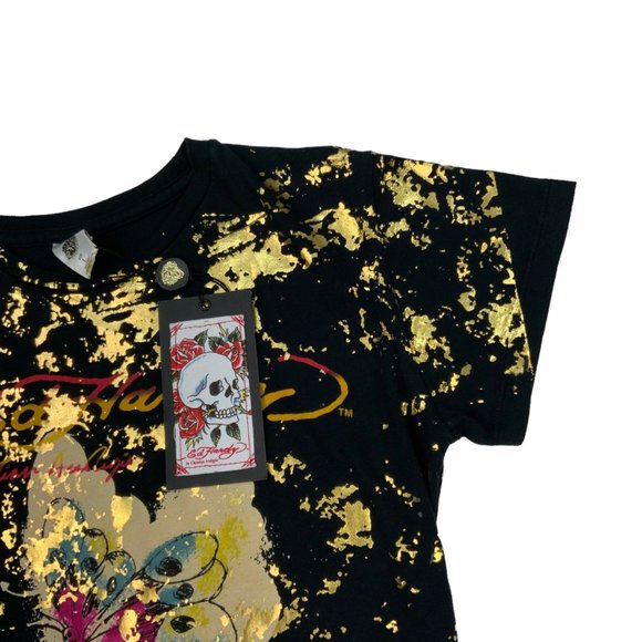 Ed Hardy NWT Rare Gold Fleck Sketch T-Shirt L Black Butterfly Skull t-shirt - Picture 5 of 11